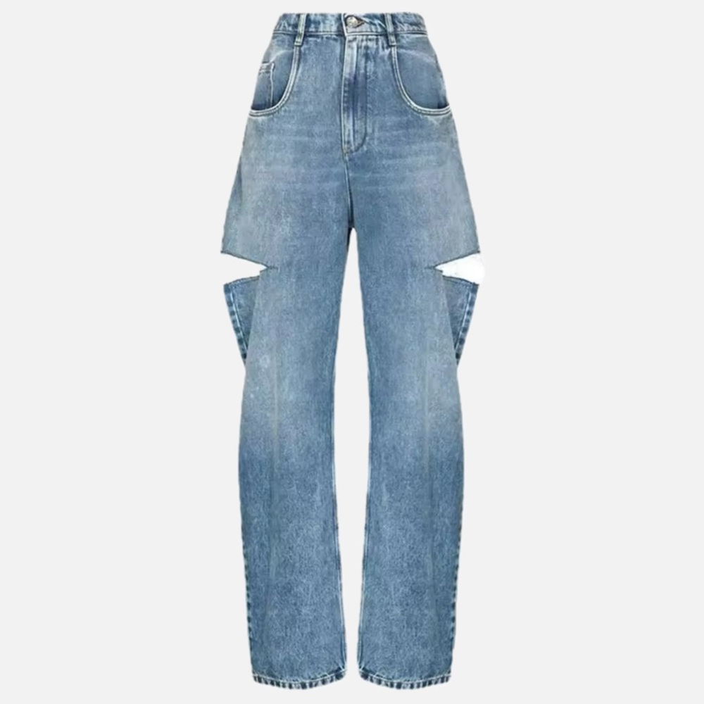 *SOLD* Women's Loose Long High Waist Wide Leg Blue Denim Jeans Side Slit